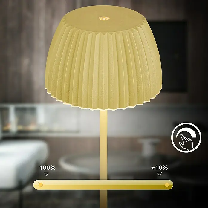 Brilo Riffle Akku-Tischleuchte - Ø x H: 14,3 x 36,4 cm, Grün, Warmweiß, 2 W, IP44, Classic - Nahaufnahme einer gelben Lampe mit Touch-Steuerung, die von 10 % bis 100 % einstellbar ist.