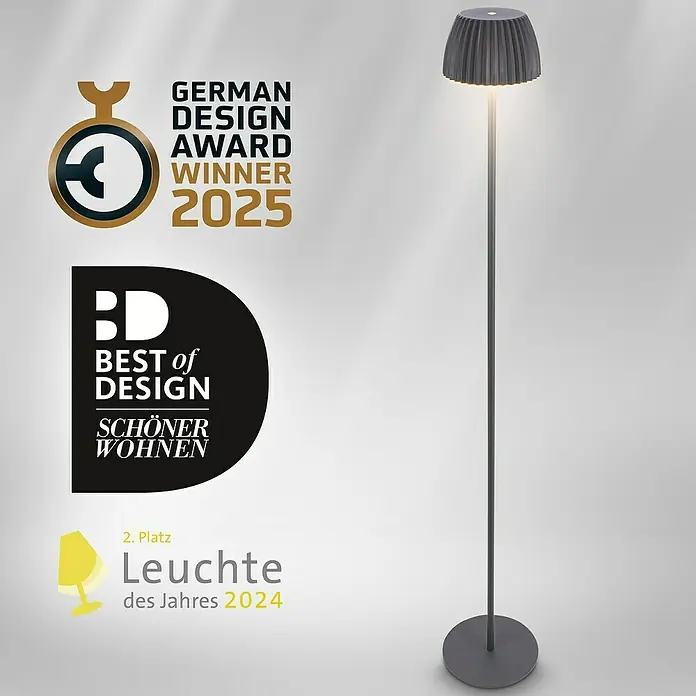 Brilo Riffle Akku-Stehleuchte Maxi - Ø x H: 19 x 124,1 cm, Anthrazit, Warmweiß, 4,2 W, IP44 - Stehleuchte, ausgezeichnet mit dem German Design Award 2025, Best of Design, und Leuchte des Jahres 2024 (2. Platz).