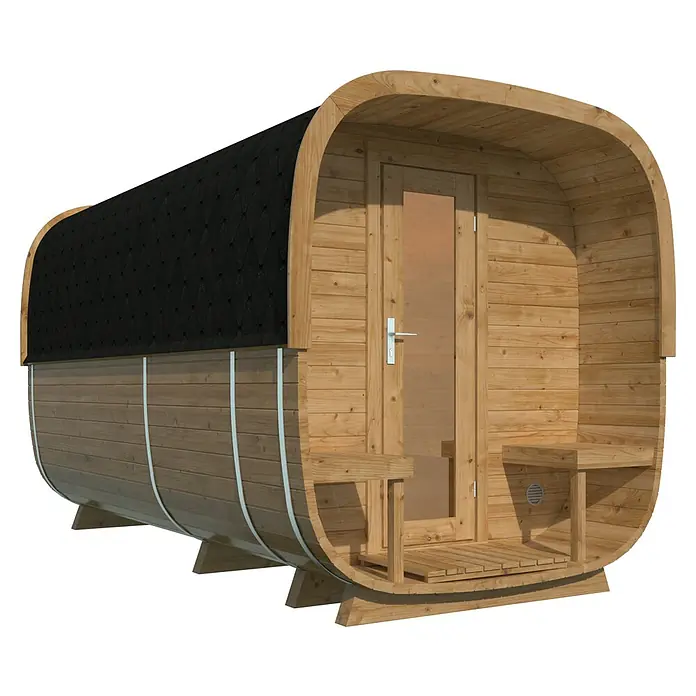 Tuindeco Saunahaus Cube Rovaniemi - L x B x H: 390 x 219 x 234 cm, Ohne Ofen, Thermoholz - Ein Fassförmige Gartensauna aus Holz mit einer Tür und zwei Sitzbänken. Sie bietet eine entspannende Auszeit im eigenen Garten.