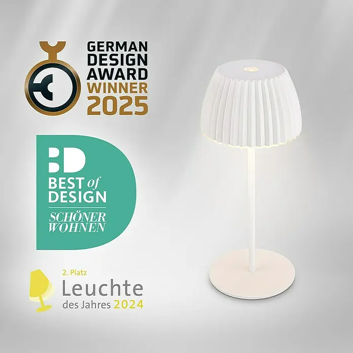 Brilo Riffle Akku-Tischleuchte - Ø x H: 8,5 x 20,1 cm, Weiß, Warmweiß, 1,5 W, IP44, Mini - Nahaufnahme einer modernen, weißen Tischleuchte, ausgezeichnet mit dem German Design Award 2025 und dem Best of Design Award.