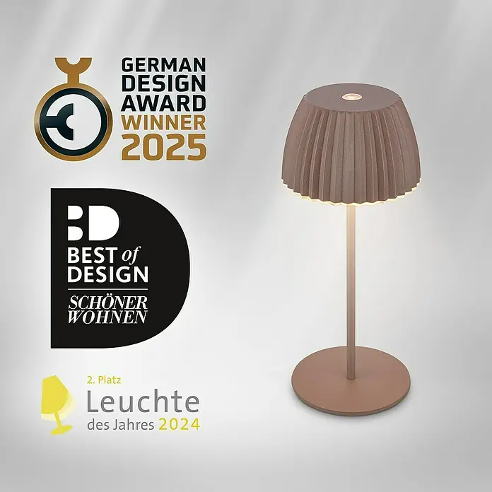Brilo Riffle Akku-Tischleuchte - Ø x H: 8,5 x 20,1 cm, Braun, Warmweiß, 1,5 W, IP44, Mini - Elegante Tischleuchte in sanften Farben, ausgezeichnet mit dem German Design Award 2025 und dem "Best of Design"-Siegel.