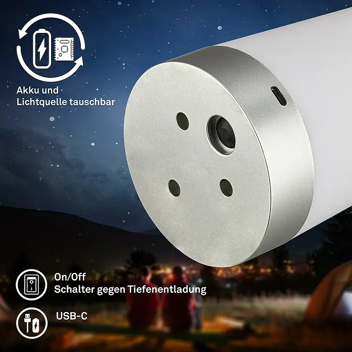 Brilo Akku-Tischleuchte Nubsi - Ø x H: 9 x 13 cm, Chrome, RGBW, 2,8 W, IP44 - Nahaufnahme einer runden, silbernen Campinglampe mit austauschbarem Akku und Lichtquelle für Outdoor-Abenteuer.