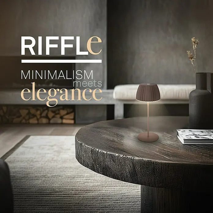 Brilo Riffle Akku-Tischleuchte - Ø x H: 8,5 x 20,1 cm, Braun, Warmweiß, 1,5 W, IP44, Mini - Elegante Riffle Tischleuchte im minimalistischen Design. Perfekt für stimmungsvolle Beleuchtung und stilvolle Akzente in Ihrem Zuhause.