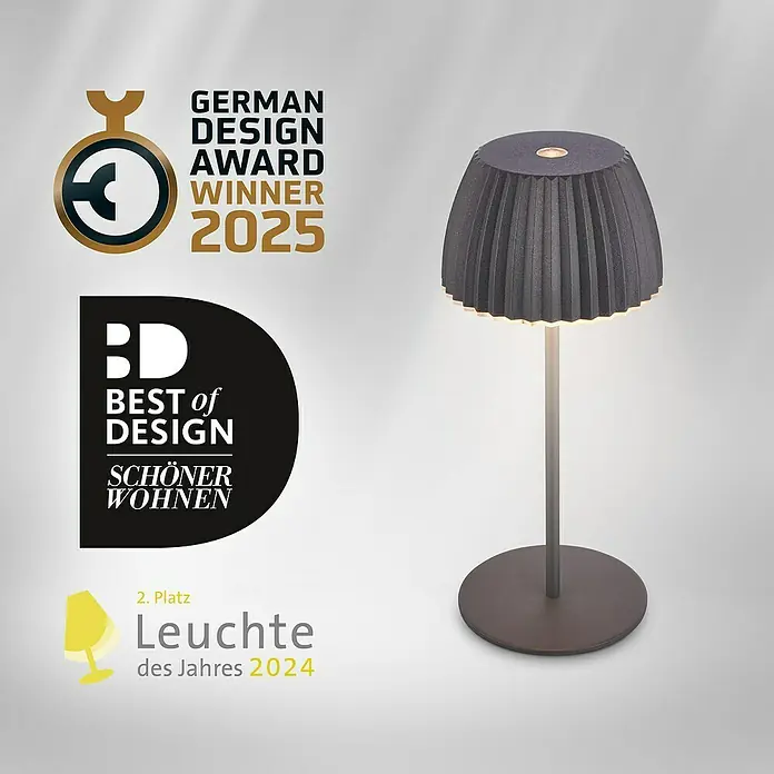 Brilo Riffle Akku-Tischleuchte - Ø x H: 8,5 x 20,1 cm, Anthrazit, Warmweiß, 1,5 W, IP44, Mini - Tischleuchte mit Auszeichnungen: German Design Award Gewinner 2025, Best of Design, Leuchte des Jahres 2024 (2. Platz).
