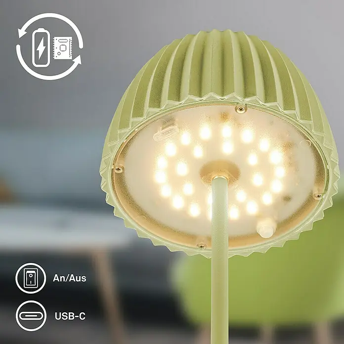 Brilo Riffle Akku-Tischleuchte - Ø x H: 8,5 x 20,1 cm, Grün, Warmweiß, 1,5 W, IP44, Mini - Nahaufnahme einer pilzförmigen LED-Tischleuchte in Grün mit Batterieanzeige, An/Aus-Schalter und USB-C-Anschluss für einfaches Aufladen.