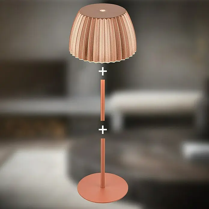 Brilo Riffle Akku-Tischleuchte - Ø x H: 14,5 x 36,5 cm, Kupfer, Warmweiß, 1,5 W, IP44, Classic - Einzelteile einer modernen Lampe in Roségold, bestehend aus Lampenschirm, Stange und Fuß, getrennt dargestellt.