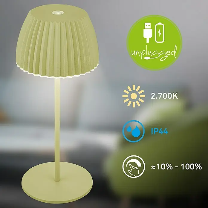 Brilo Riffle Akku-Tischleuchte - Ø x H: 8,5 x 20,1 cm, Grün, Warmweiß, 1,5 W, IP44, Mini - Elegante, grüne Tischleuchte mit plissiertem Schirm. Die Leuchte ist kabellos, dimmbar und spritzwassergeschützt (IP44), ideal für stimmungsvolle Beleuchtung.