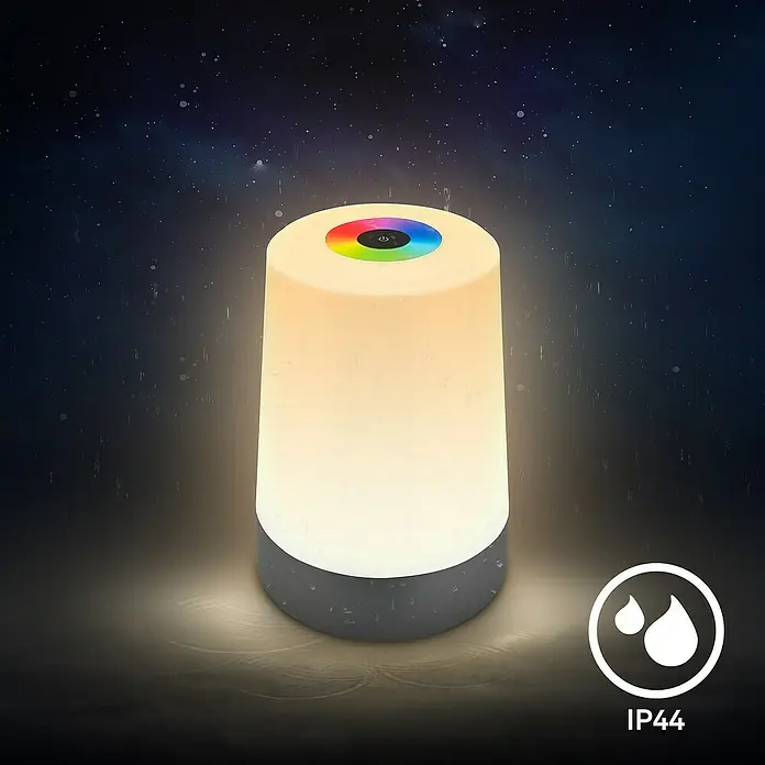 Brilo Akku-Tischleuchte Nubsi - Ø x H: 9 x 13 cm, Antharzit, RGBW, 2,8 W, IP44 - Wasserdichte RGB-Tischleuchte für den Außenbereich. Die Lampe ist beleuchtet und hat oben einen Farbwähler. Sie ist für den Einsatz im Freien geeignet.