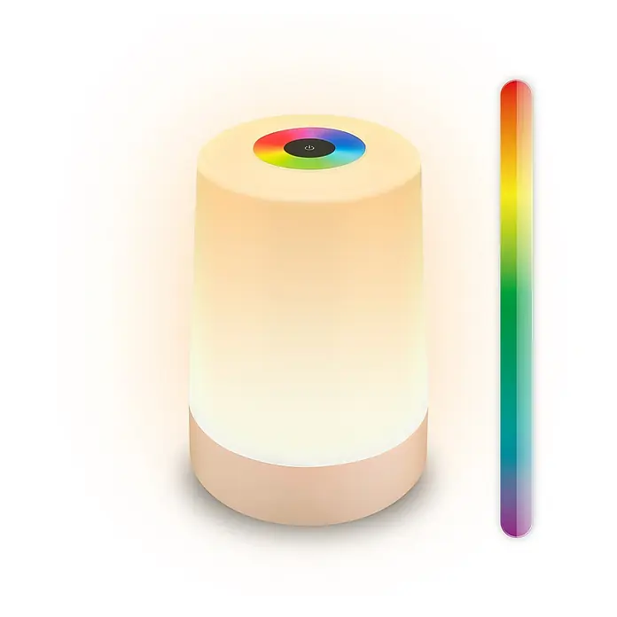 Brilo Akku-Tischleuchte Nubsi - Ø x H: 9 x 13 cm, Beige, RGBW, 2,8 W, IP44 - Diese Abbildung zeigt eine farbwechselnde Touch-Lampe. Das LED-Nachtlicht verfügt über eine berührungsempfindliche Steuerung und verschiedene Farben.