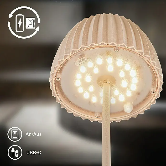 Brilo Riffle Akku-Tischleuchte - Ø x H: 14,3 x 36,4 cm, Beige, Warmweiß, 2 W, IP44, Classic - Nahaufnahme einer eleganten Tischleuchte mit LED-Beleuchtung, die ein warmes und einladendes Licht ausstrahlt.