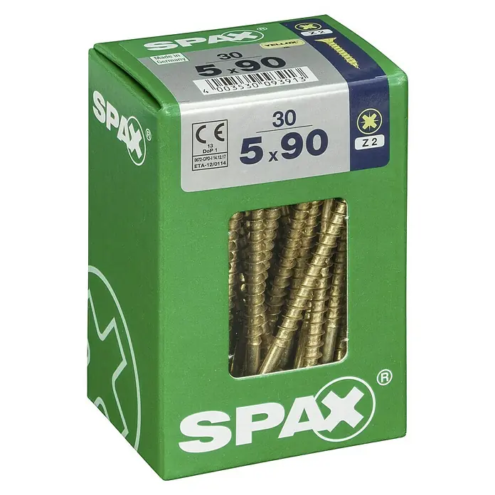 Spax Universalschraube - 5 x 90 mm, Teilgewinde, 30 Stk. - Karton mit Spax-Schrauben, Größe 5x90, ideal für verschiedene Holzbearbeitungsprojekte. Hergestellt in Deutschland, hohe Qualität.