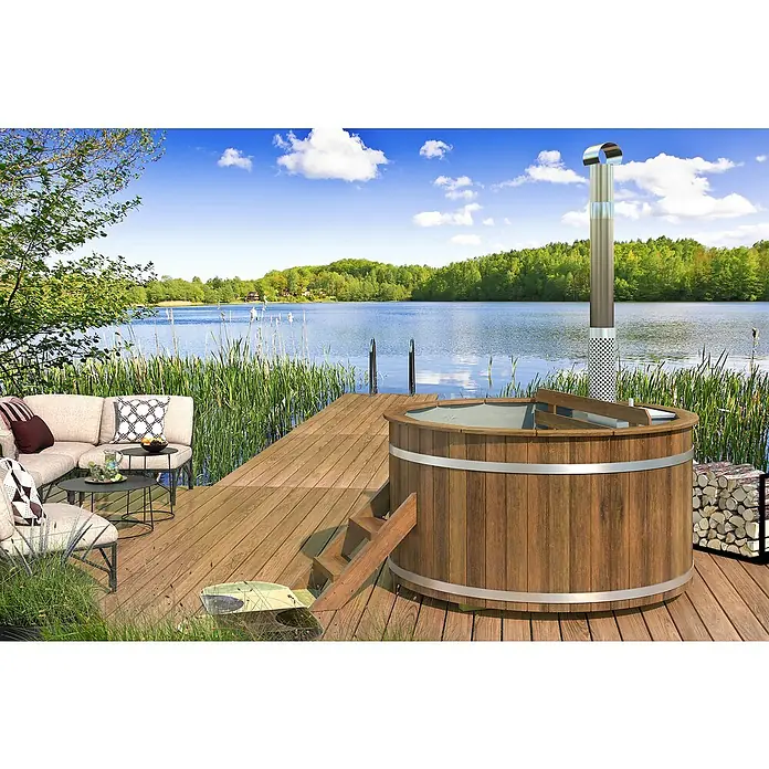 Tuindeco Hot Tub - 188 cm, Kiefer, Natur, Max. Personenzahl: 6 Stk. - Holzbefeuerter Whirlpool im Freien mit Edelstahlkamin auf einer Holzterrasse mit Seeblick. Entspannung pur!