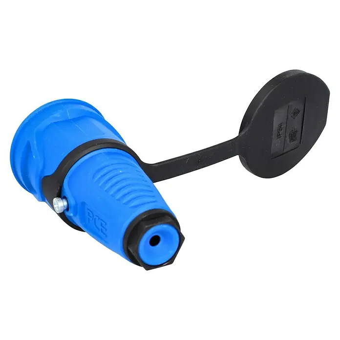 UniTEC Gummi-Schutzkontakt-Kupplung Taurus 2 - Blau, 250 V, IP54 - Eine blaue PCE-Steckverbindung mit schwarzer Schutzkappe, ideal für Elektroinstallationen und sichere Verbindungen im Außenbereich.