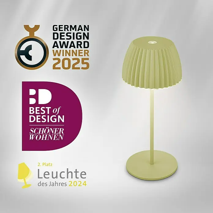 Brilo Riffle Akku-Tischleuchte - Ø x H: 8,5 x 20,1 cm, Grün, Warmweiß, 1,5 W, IP44, Mini - Elegante, pistazienfarbene Tischleuchte mit Auszeichnungen: German Design Award 2025, Best of Design und Leuchte des Jahres 2024 (2. Platz).