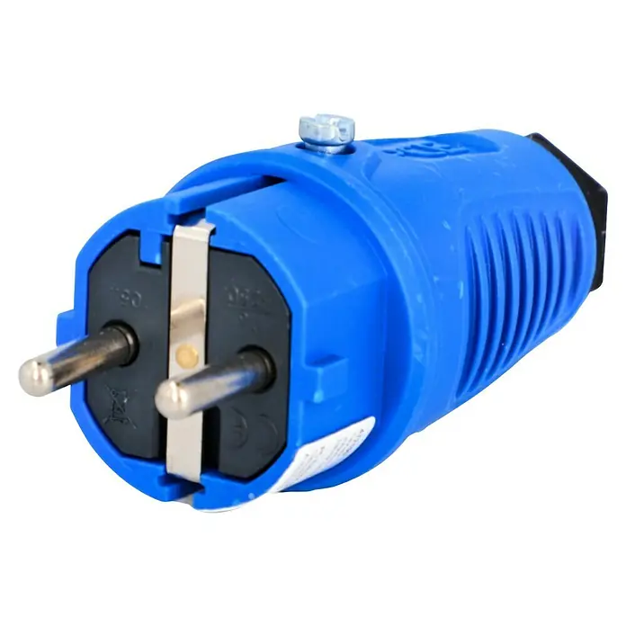 UniTEC Gummi-Schutzkontakt-Stecker Taurus 2 - Blau, 250 V, IP54 - Ein blauer, isolierter Schutzkontaktstecker mit zwei runden Stiften und Erdungskontakt für sichere Stromverbindungen in Europa.