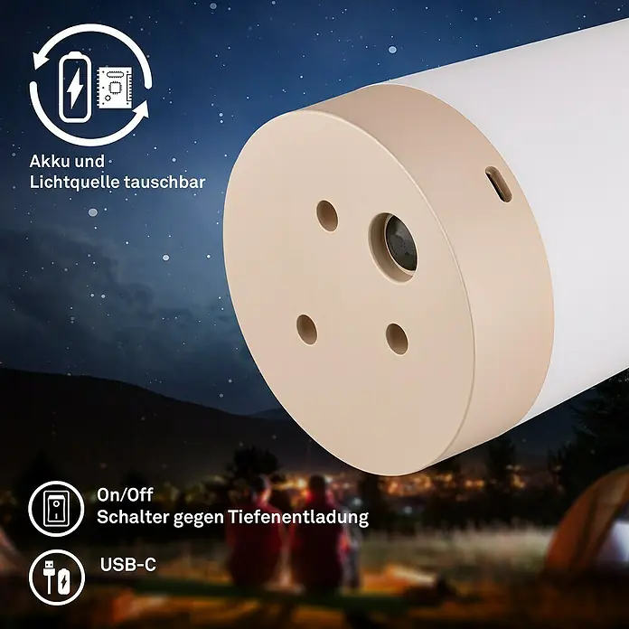 Brilo Akku-Tischleuchte Nubsi - Ø x H: 9 x 13 cm, Beige, RGBW, 2,8 W, IP44 - Das vielseitige Campinglicht mit austauschbarem Akku und Lichtquelle, inklusive USB-C Anschluss und Ein/Aus Schalter.