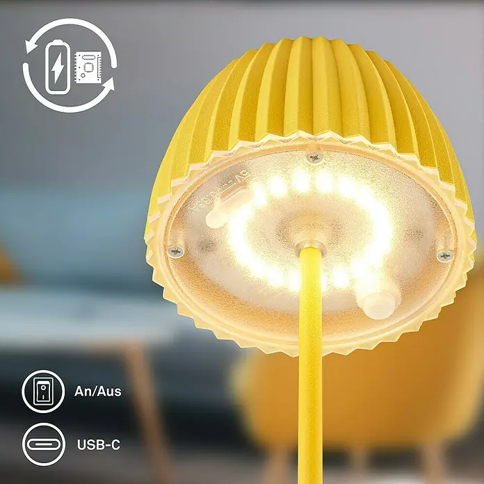 Brilo Riffle Akku-Tischleuchte - Ø x H: 8,5 x 20,1 cm, Gelb, Warmweiß, 1,5 W, IP44, Mini - Nahaufnahme einer gelben Tischlampe mit LED-Lichtern und Akku- sowie USB-C-Anschluss für vielseitige Beleuchtung.