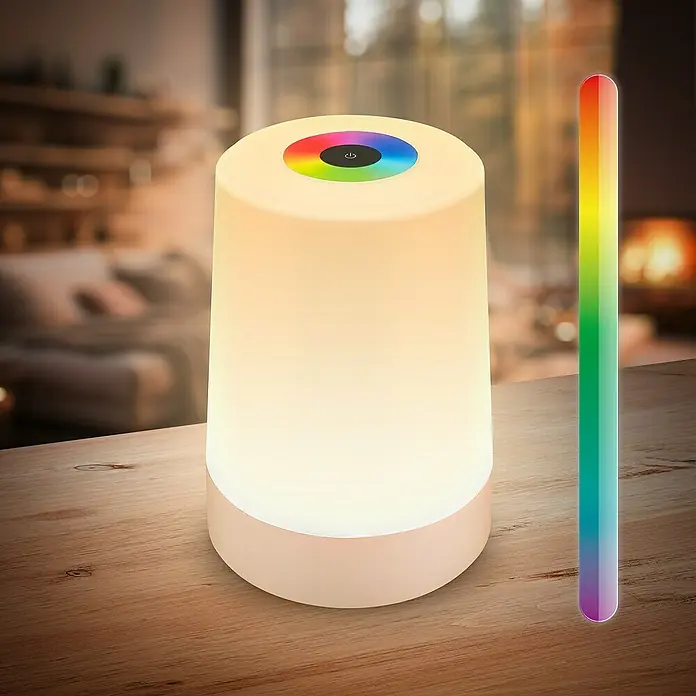 Brilo Akku-Tischleuchte Nubsi - Ø x H: 9 x 13 cm, Beige, RGBW, 2,8 W, IP44 - Blick auf eine Nachttischlampe mit Farbwechsel-Funktion und einer Farbauswahlleiste auf einem Holztisch.