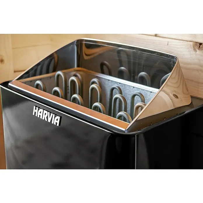 Tuindeco Saunaofen Harvia Trendy XE - 9 kW, Raumheizvermögen: 7 m³ - 13 m³ - Nahaufnahme eines Harvia Saunaofens, der Heizelemente und das Markenlogo zeigt.