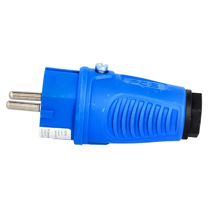 UniTEC Gummi-Schutzkontakt-Stecker Taurus 2 - Blau, 250 V, IP54 - Blauer Stecker von PCE mit zwei Stiften. Ideal für den Einsatz in Werkstätten oder im Haushalt, um elektrische Geräte anzuschließen.