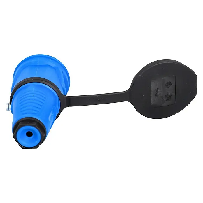 UniTEC Gummi-Schutzkontakt-Kupplung Taurus 2 - Blau, 250 V, IP54 - Blauer, wetterfester Stecker mit Schutzkappe für sichere Stromverbindungen im Außenbereich. Ideal für Baustellen und Camping.