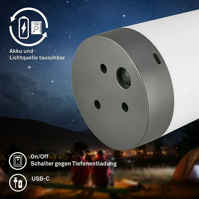 Brilo Akku-Tischleuchte Nubsi - Ø x H: 9 x 13 cm, Antharzit, RGBW, 2,8 W, IP44 - Produktansicht einer wiederaufladbaren LED-Campinglampe mit USB-C Anschluss, die sich ideal für Outdoor-Abenteuer eignet.