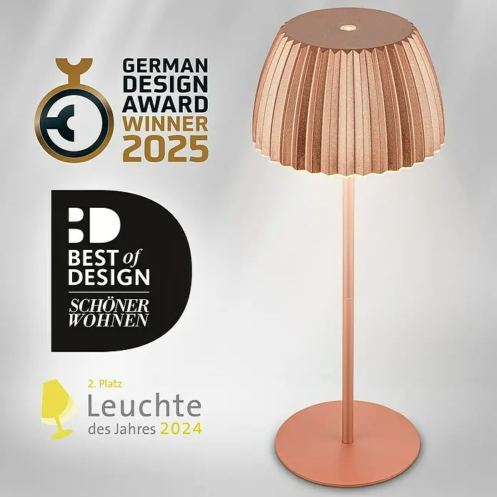 Brilo Riffle Akku-Tischleuchte - Ø x H: 14,5 x 36,5 cm, Kupfer, Warmweiß, 1,5 W, IP44, Classic - Ausgezeichnete Tischleuchte: Elegantes Design mit Auszeichnungen, darunter German Design Award 2025 und Best of Design.