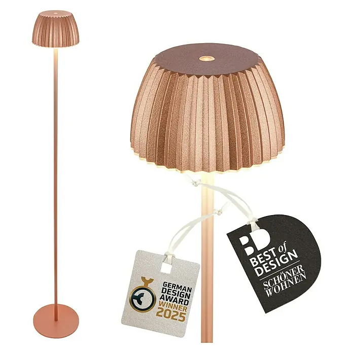 Brilo Riffle Akku-Stehleuchte Maxi - Ø x H: 19 x 124,1 cm, Kupfer, Warmweiß, 4,2 W, IP44 - Die Stehlampe aus der Nähe zeigt ihr prämiertes Design und die hochwertige Verarbeitung.