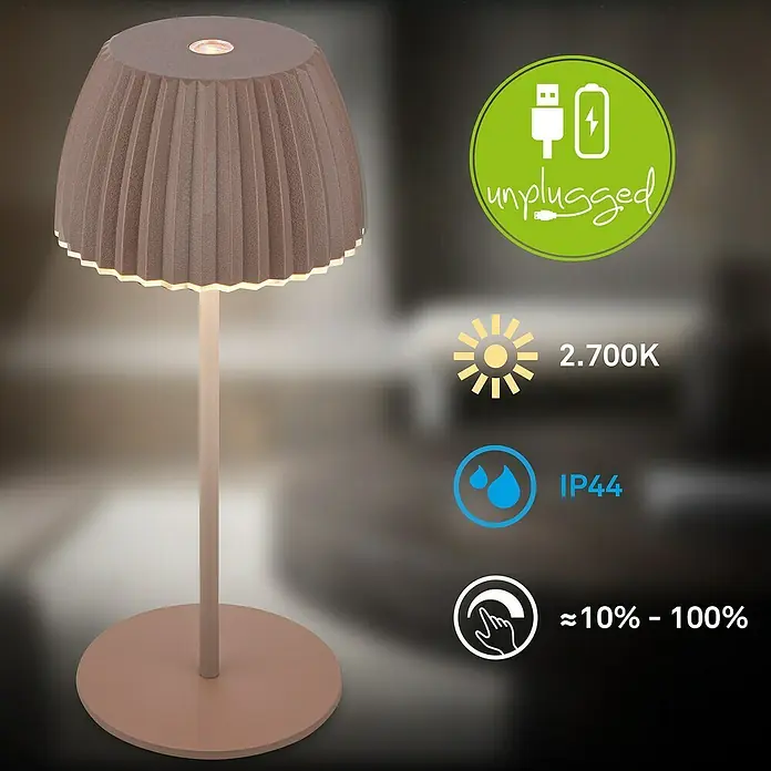 Brilo Riffle Akku-Tischleuchte - Ø x H: 8,5 x 20,1 cm, Braun, Warmweiß, 1,5 W, IP44, Mini - Ein stilvolles, kabelloses LED-Nachttischlampe mit Touch-Dimmer und warmweißem Licht (2700K) für gemütliche Atmosphäre. Wasserdicht nach IP44.
