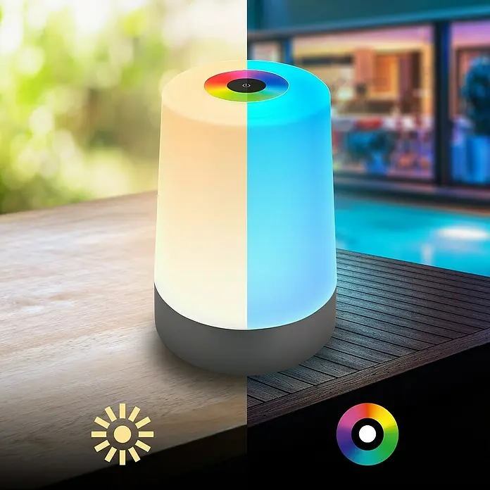 Brilo Akku-Tischleuchte Nubsi - Ø x H: 9 x 13 cm, Antharzit, RGBW, 2,8 W, IP44 - Moderne Tischleuchte mit Farbwechsel-Funktion. Sie bietet warmes Licht und farbenfrohe Akzente für jeden Raum.