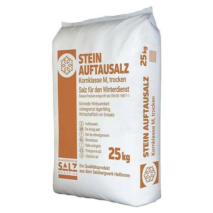 Auftau- & Streusalz - 25 kg - Abbildung eines 25 kg Sackes Streusalz der Marke Südwestdeutsche Salzwerke AG.