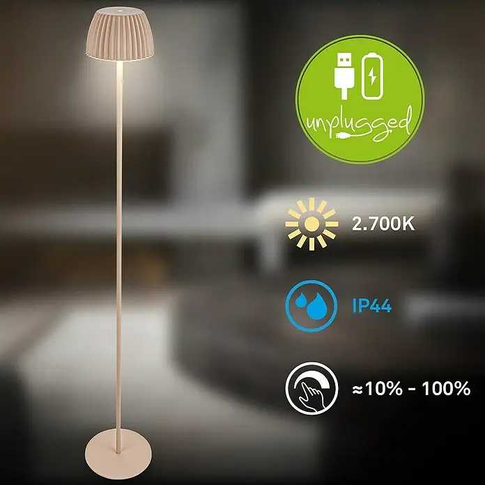 Brilo Riffle Akku-Stehleuchte Maxi - Ø x H: 19 x 124,1 cm, Beige, Warmweiß, 4,2 W, IP44 - Elegante Stehlampe mit Akku für flexible Beleuchtung. Kabellose Lampe mit warmweißem Licht und Dimmfunktion von 10% - 100%, IP44 Schutz.
