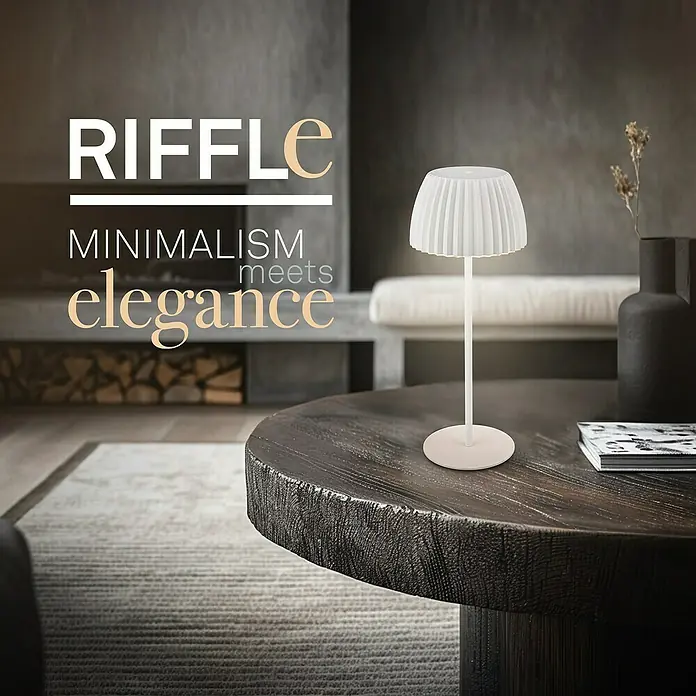 Brilo Riffle Akku-Tischleuchte - Ø x H: 14,3 x 36,4 cm, Weiß, Warmweiß, 2 W, IP44, Classic - Elegante LED-Tischleuchte im minimalistischen Design. Die Riffle Lampe ist eine stilvolle Ergänzung für jeden Raum und sorgt für angenehmes Licht.