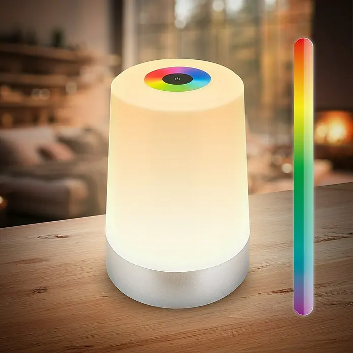 Brilo Akku-Tischleuchte Nubsi - Ø x H: 9 x 13 cm, Chrome, RGBW, 2,8 W, IP44 - Das Bild zeigt eine moderne Nachttischlampe mit Farbwechselfunktion, die auf einem Holztisch steht. Die Lampe ist beleuchtet und strahlt warmes Licht aus.