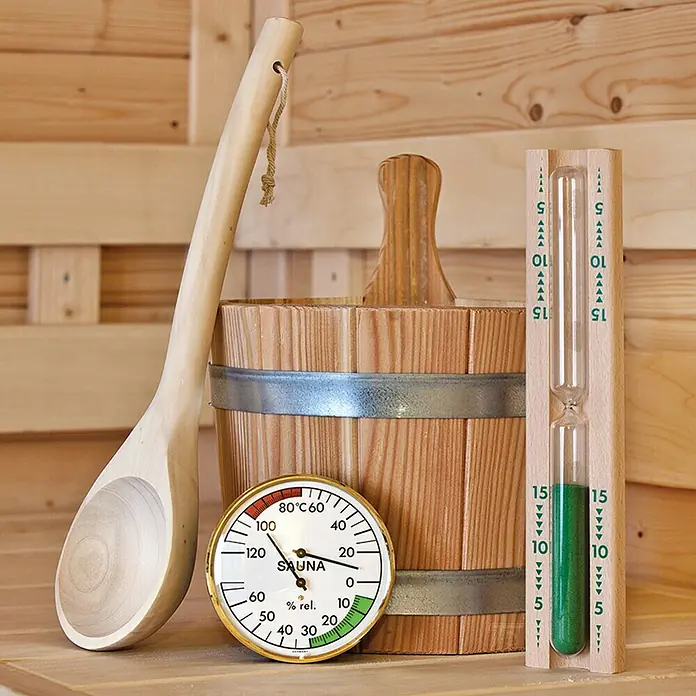 Tuindeco Aufguss-Set - Holz - Sauna-Set mit Holzeimer, Schöpfkelle, Thermometer und Sanduhr für ein entspannendes Saunaerlebnis.