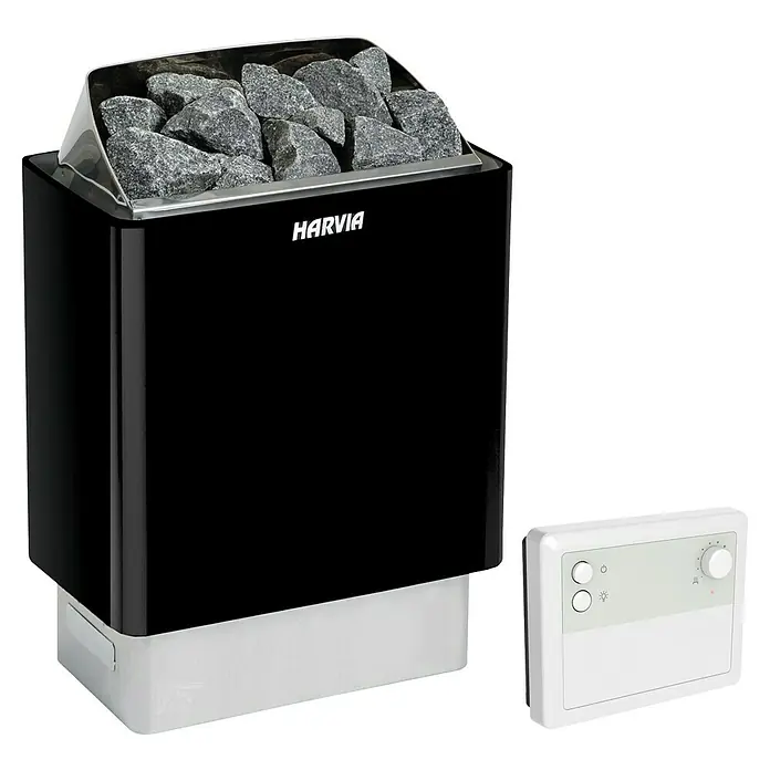 Tuindeco Saunaofen Harvia Trendy XE - 9 kW, Raumheizvermögen: 7 m³ - 13 m³ - Ein Harvia Saunaofen mit Steinen und Bedienfeld. Das Gerät ist in Schwarz und Weiß gehalten und scheint für den Heimgebrauch konzipiert zu sein.