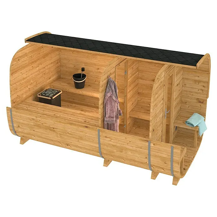 Tuindeco Saunahaus Cube Rovaniemi - L x B x H: 390 x 219 x 234 cm, Ohne Ofen, Thermoholz - Bild einer Sauna mit Holzofen, Eimer, Bademantel und Handtuch, die eine entspannende Wellness-Oase für zu Hause bietet.