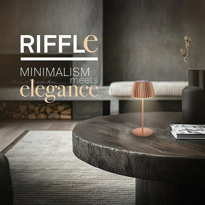 Brilo Riffle Akku-Tischleuchte - Ø x H: 8,5 x 20,1 cm, Kupfer, Warmweiß, 1,5 W, IP44, Mini - Elegante Riffle Lampe im minimalistischen Design. Ein stilvolles Deko-Element, das modernes Design und warme Beleuchtung vereint.