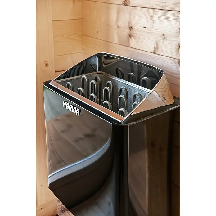 Tuindeco Saunaofen Harvia Trendy XE - 9 kW, Raumheizvermögen: 7 m³ - 13 m³ - Nahaufnahme eines Harvia Saunaofens mit Heizelementen in einer holzgetäfelten Sauna, der ein entspannendes Saunaerlebnis verspricht.