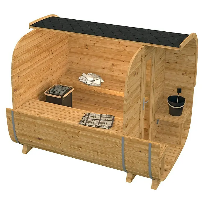 Tuindeco Saunahaus Cube Rovaniemi - L x B x H: 286 x 219 x 234 cm, Ohne Ofen, Thermoholz - Außenansicht einer Fasssauna mit Holzbänken, Ofen mit Steinen, Handtuch und Kübel, die zum Entspannen einlädt.