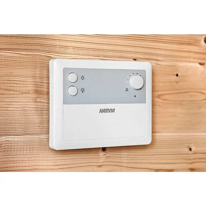 Tuindeco Saunaofen Harvia Trendy XE - 9 kW, Raumheizvermögen: 7 m³ - 13 m³ - Nahaufnahme einer weißen Harvia-Saunasteuerung an einer Holzwand.