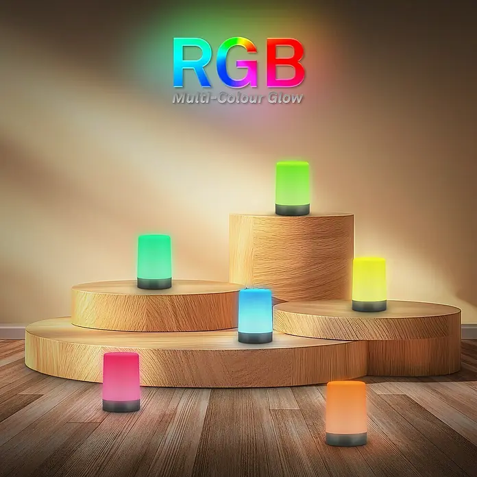 Brilo Akku-Tischleuchte Nubsi - Ø x H: 9 x 13 cm, Antharzit, RGBW, 2,8 W, IP44 - Farbige RGB-Tischleuchten auf Holzpodesten.