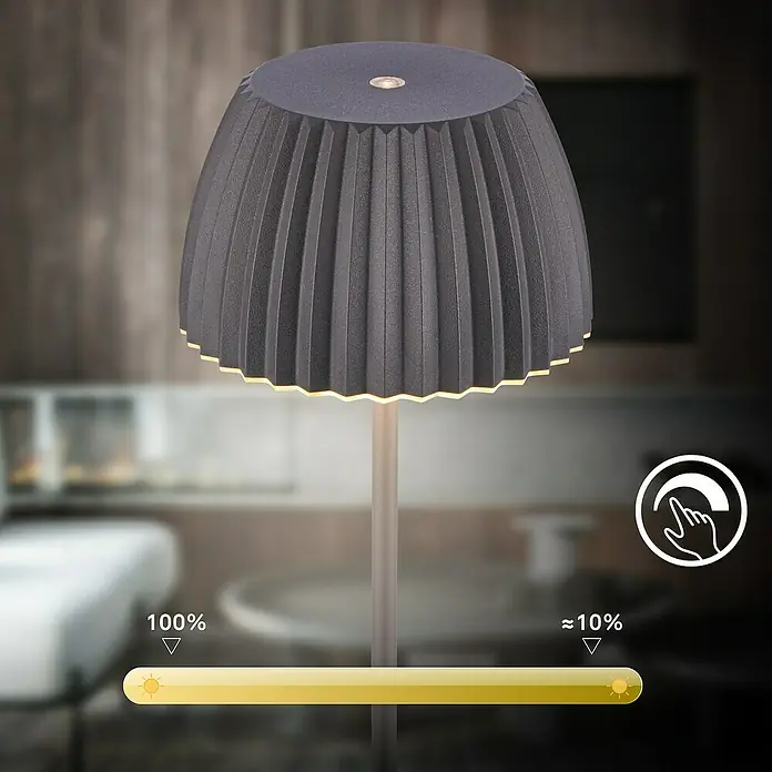Brilo Riffle Akku-Tischleuchte - Ø x H: 14,3 x 36,4 cm, Anthrazit, Warmweiß, 2 W, IP44, Classic - Elegante, dimmbare Tischleuchte in Anthrazit. Das Licht der Lampe kann per Touch von 10% bis 100% reguliert werden.