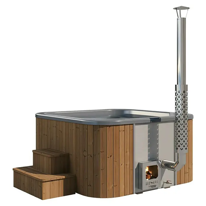 Tuindeco Hot Tub - 205 cm, Kiefer, Natur, Max. Personenzahl: 6 Stk. - Abbildung eines quadratischen Whirlpools im Freien mit Holzofen und Edelstahlschornstein, ideal für entspannende Momente.