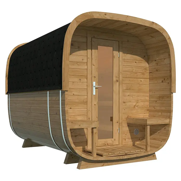 Tuindeco Saunahaus Cube Rovaniemi - L x B x H: 286 x 219 x 234 cm, Ohne Ofen, Thermoholz - Außenansicht einer Fasssauna aus Holz mit Tür und Bänken.