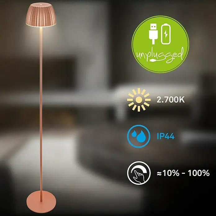 Brilo Riffle Akku-Stehleuchte Maxi - Ø x H: 19 x 124,1 cm, Kupfer, Warmweiß, 4,2 W, IP44 - Elegante, kabellose Stehleuchte mit Touch-Dimmer zur Einstellung der Helligkeit und warmweißem Licht. Inklusive USB-Ladefunktion.