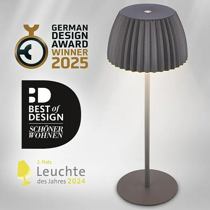 Brilo Riffle Akku-Tischleuchte - Ø x H: 14,3 x 36,4 cm, Anthrazit, Warmweiß, 2 W, IP44, Classic - Elegante graue Stehlampe mit Plissee-Schirm und Auszeichnungen wie German Design Award 2025 und Best of Design.