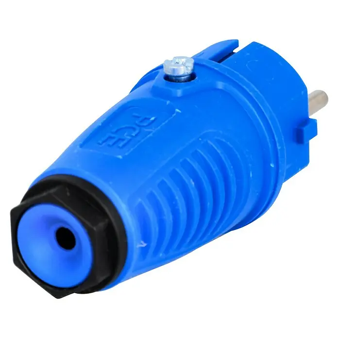 UniTEC Gummi-Schutzkontakt-Stecker Taurus 2 - Blau, 250 V, IP54 - Blaue PCE-Steckdose mit Metallstift und Befestigungsschraube, ideal für elektrische Anschlüsse.