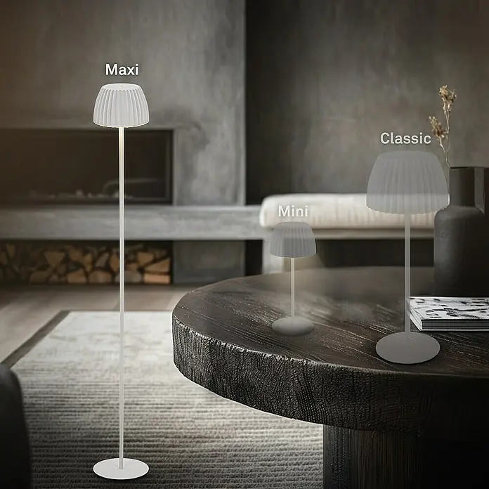Brilo Riffle Akku-Stehleuchte Maxi - Ø x H: 19 x 124,1 cm, Weiß, Warmweiß, 4,2 W, IP44 - Elegante Übersicht der verschiedenen Größen der kabellosen Lampe, Maxi, Classic und Mini, ideal für stimmungsvolle Beleuchtung im Raum.