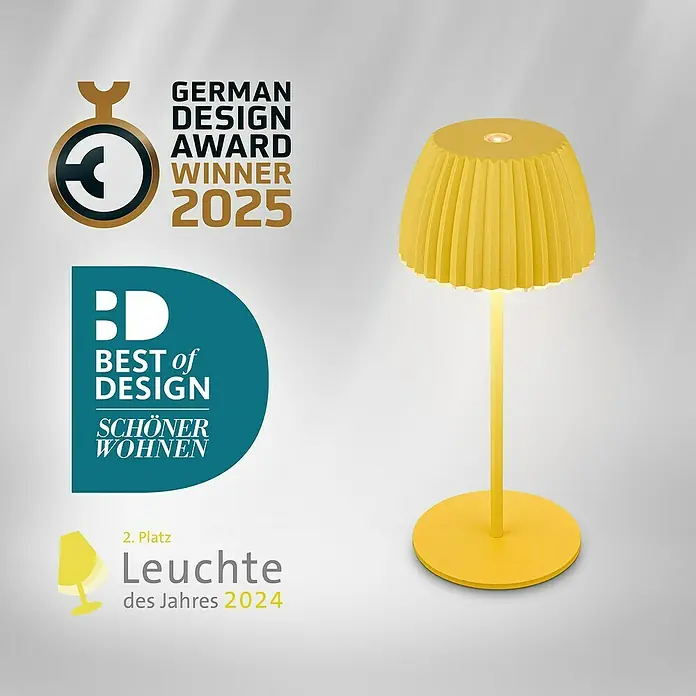 Brilo Riffle Akku-Tischleuchte - Ø x H: 8,5 x 20,1 cm, Gelb, Warmweiß, 1,5 W, IP44, Mini - Gelbe Lampe, ausgezeichnet mit dem German Design Award 2025 und dem Best of Design-Siegel von Schöner Wohnen.